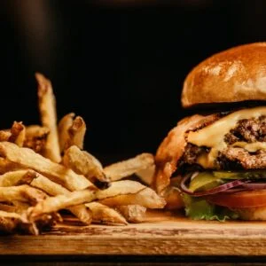 Hamburger with drink and fries